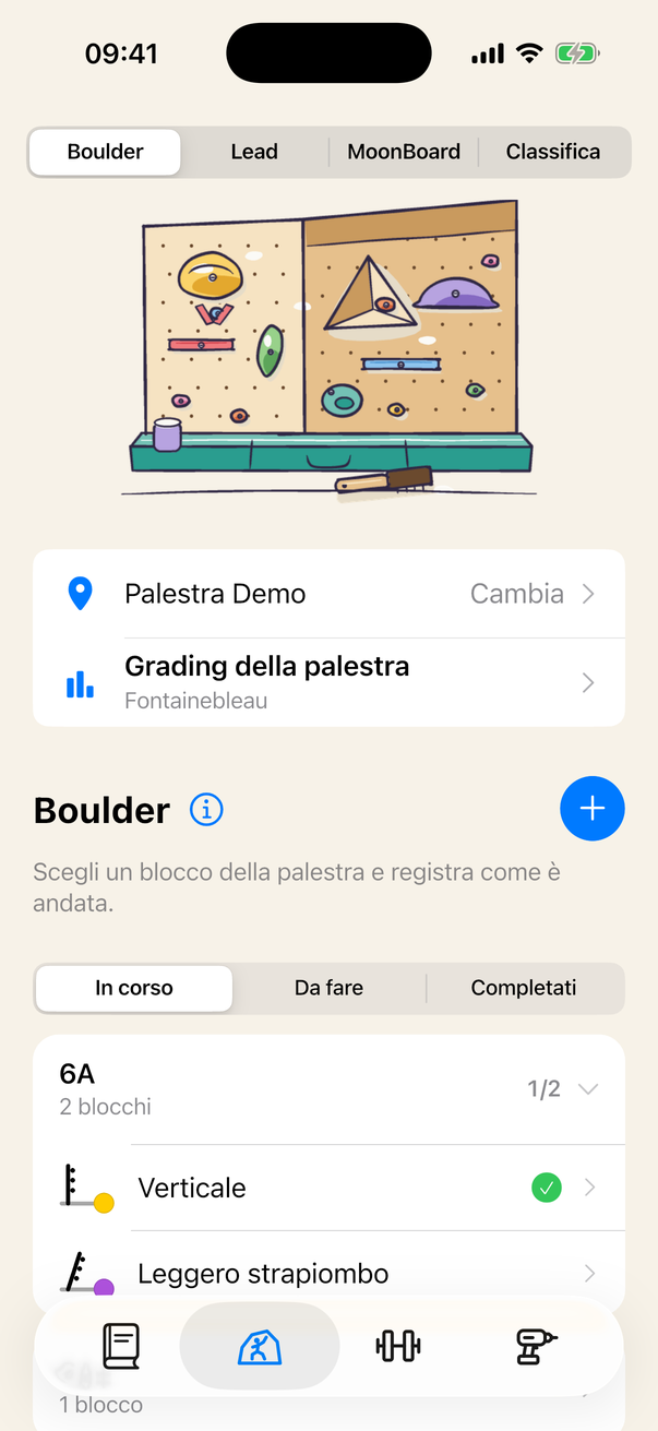 Il catalogo Boulder della palestra, con le vie raggruppate per grado.