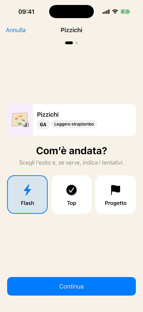 La registrazione di una salita: esito, tentativi e come ti è sembrata.
